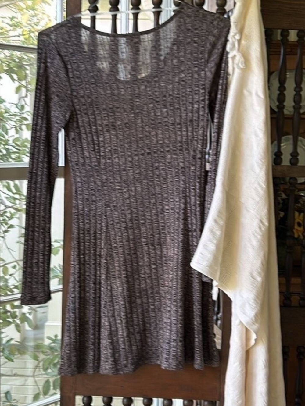 Ribbed Fit Flare Knit Tan & Black Scoop Neck Long Sleeve Favorite EUC